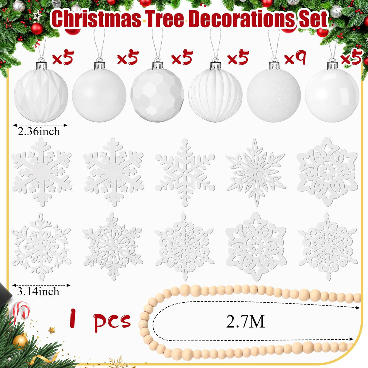 Aoriher 45 Pcs Christmas Tree Ornament Set,34pcs Christmas Ball Ornaments with Xmas Wooden Bead Garland Snowflake Ornaments for Xmas Tree Holiday Wedding Party Wreath Home Decoration(White)