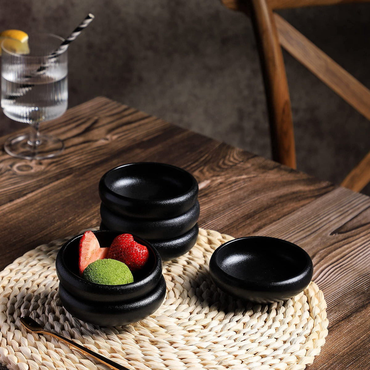 Uaral Soy Sauce Dishes Sushi Dipping Bowl Pinch Bowl Stoneware Black Small Serving Dish Set 3.75 Inch(4.5 oz,Texture Black)