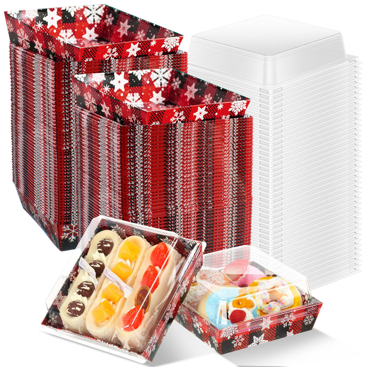 Potchen 100 Pack Christmas Charcuterie Boxes with Clear Lids – Red & Black Plaid Snowflake Design Boxes with Window for Cookies, Candy, and Mini Cakes – Ideal for Gift Giving & Bakery Packaging