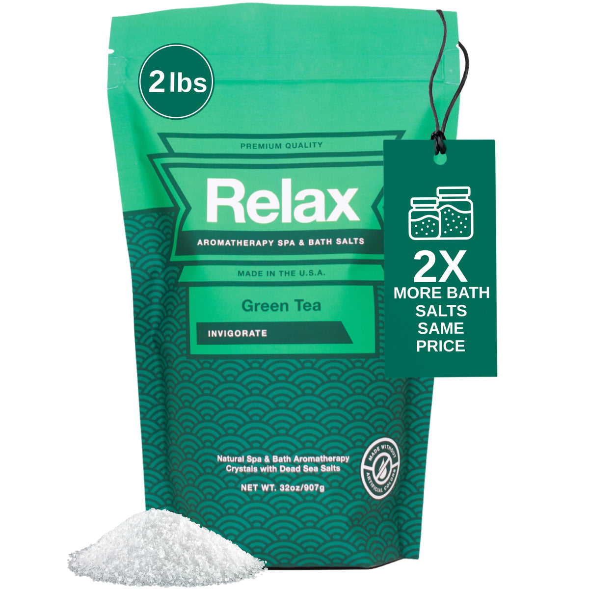 Relax Spa & Bath Aromatherapy Bath Salts for Hot Tub, Bath, or Spa, 2LB Bag Infused with Magnesium, Bath Salt for Soaking, Green Tea Scent