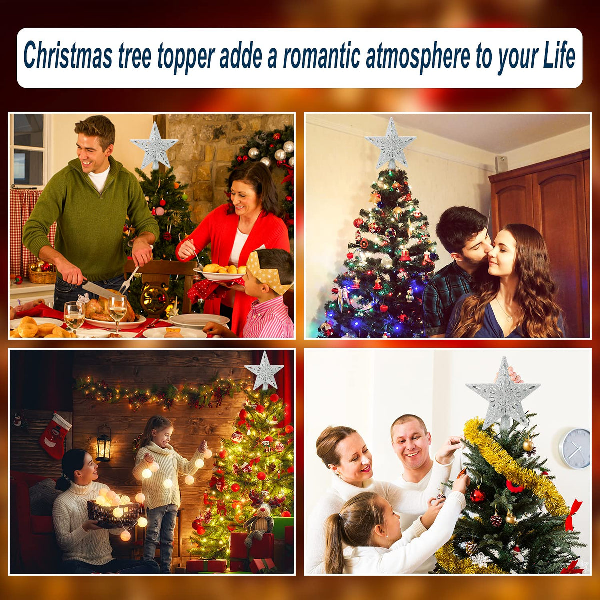 Christmas Tree Topper Projector Lights with 6 Projection Modes, Sliver Star Christmas Tree Topper with Built-in LED Projector, Dynamic Projection for Christmas Party Holiday Decoration