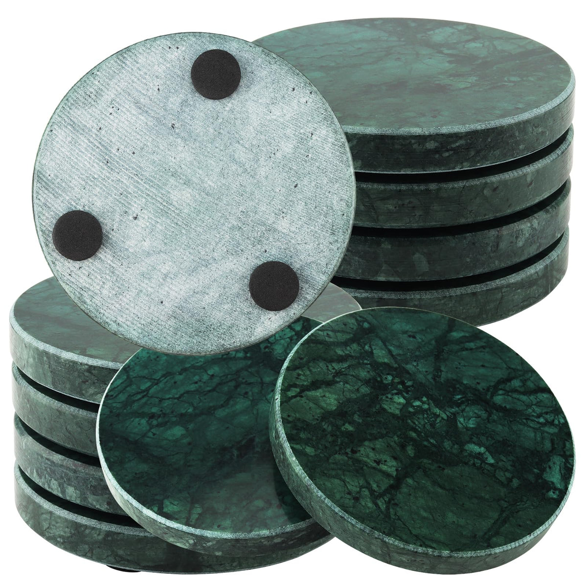HEIHAK 8 PCS 4 Inches Marble Coasters, Round Stone Decorative Modern Coasters with Non-Slip Bottom for Glasses, Cups, Mugs, Emerald