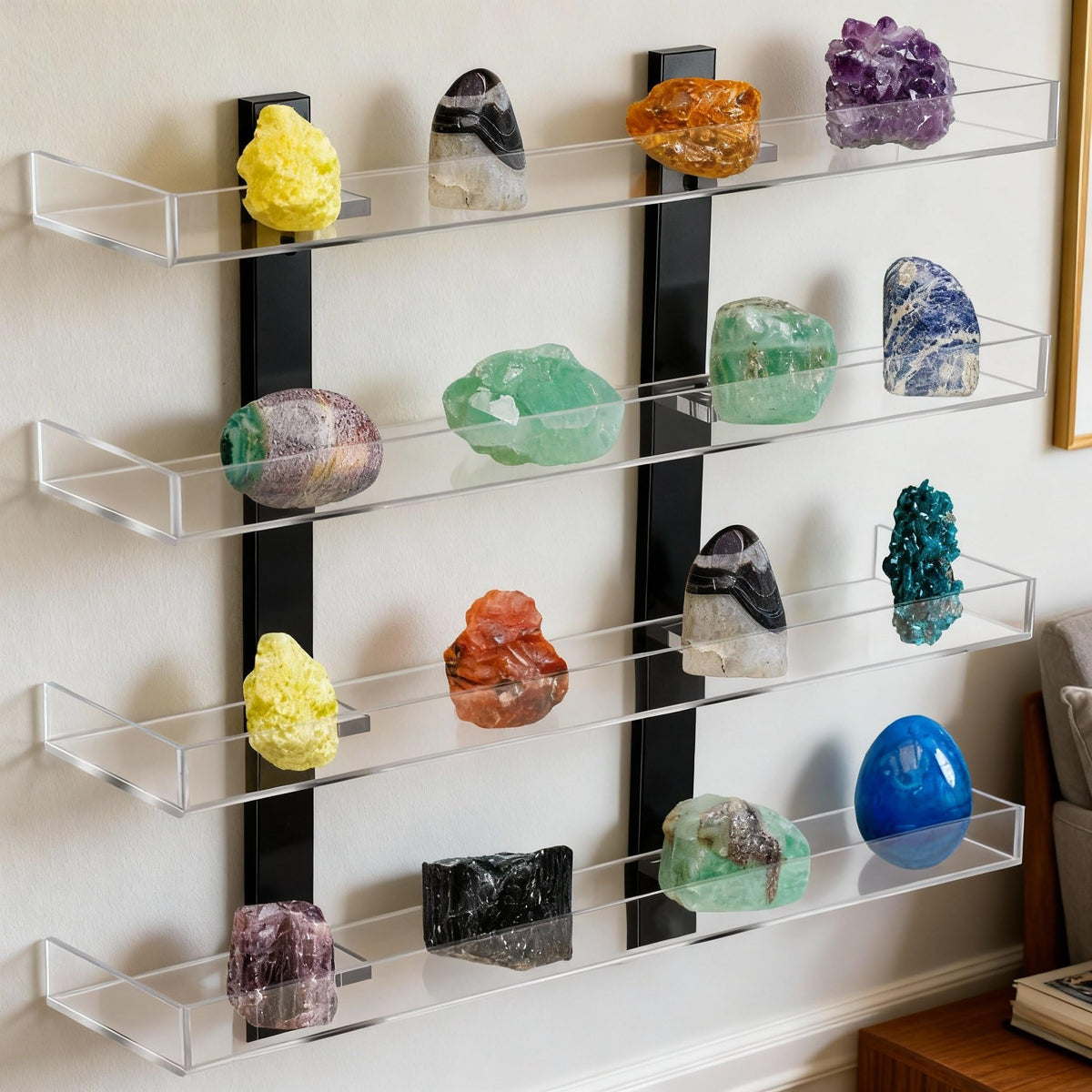 Novabright 4 Layer Acrylic Clear Rock Display Shelves for Wall Floating Shelves Organizer for Stone Collection 11.8" Rock Display for Stone Minerals Gemstones Crafts Figure Perfume for Living Room