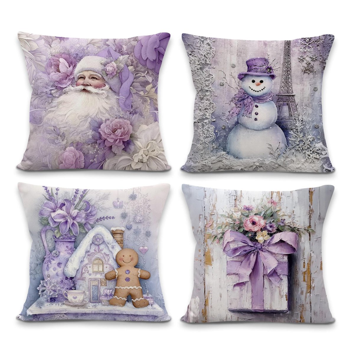 Yorhifa Purple Christmas Pillow Covers 18x18 Inches Set of 4, Christmas Home Decor, Preppy Xmas Santa Snowman Decorative Pillowcase Cases, Winter Throw Pillow Covers for Couch Sofa Bed Home Room Decor