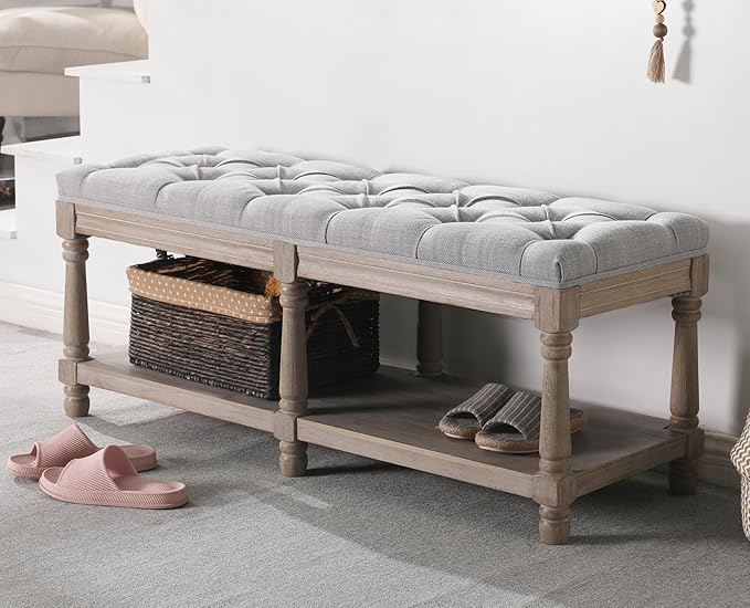 Farmhouse Storage Bench Wooden Entryway Upholstered Tufted Ottoman Bench