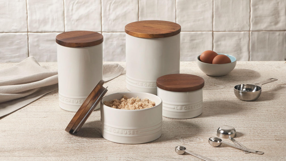 Le Creuset Stoneware Signature Large Salt Cellar and Storage Canister with Wood Lid, 26 oz., Cerise