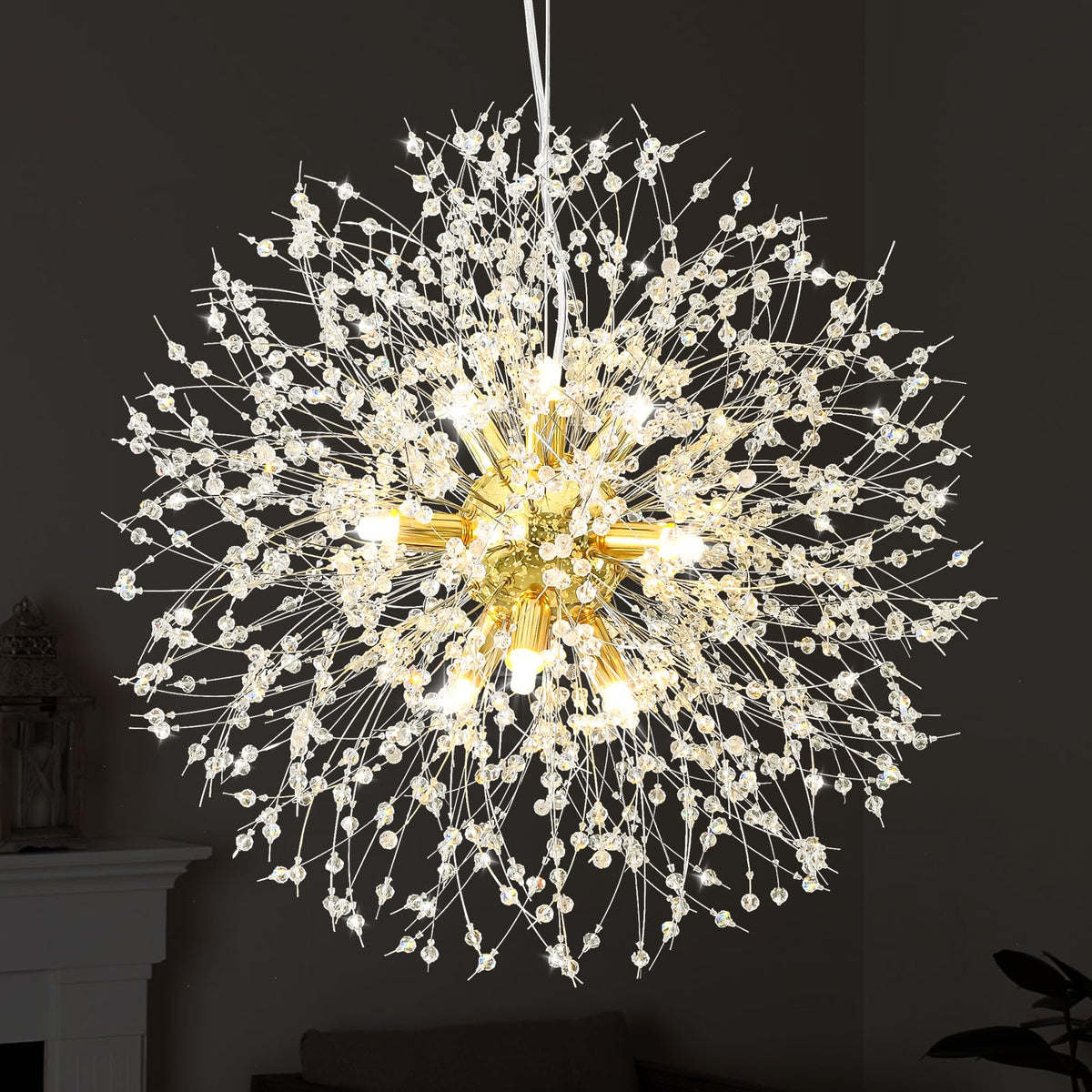 Qamra Modern Gold Crystal Chandeliers, Firework Dandelion Sputnik Chandelier Light Fixture Pendant Lighting for Dining Room, Bedroom, Kitchen, Living Room(9-Light, Gold)