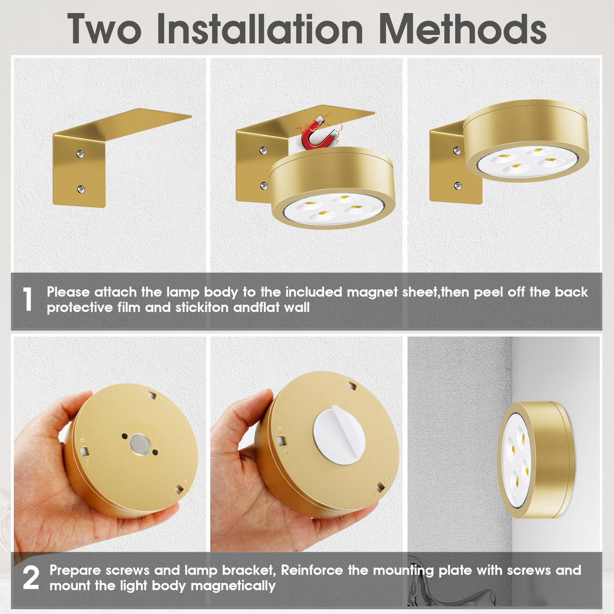 SIXDEFLY Picture Lights for Wall, 3 Lighting Modes Magnetic Art Display Light,Battery Operated Led Painting Light with Remote Control Dimmable & Timer,3Pack Gold