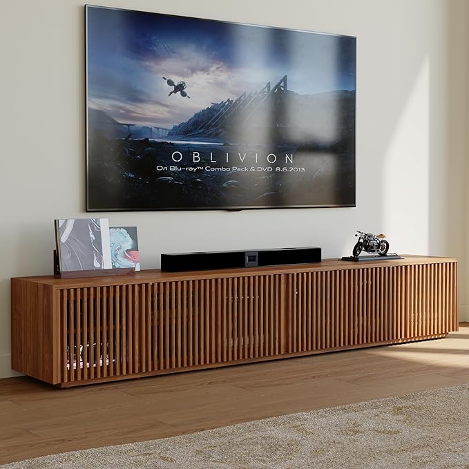 POVISON Full Assembled Mid Century Modern TV Stand, Wood Slatted Media Console