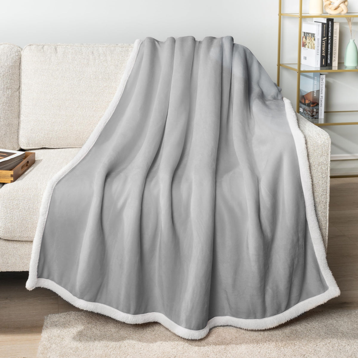 PAVILIA Sherpa Fleece Throw Blanket for Couch, Light Grey, Plush Soft Fuzzy Sofa Blanket, Cozy Reversible Winter Throw for Women Men, 50x60 Inches