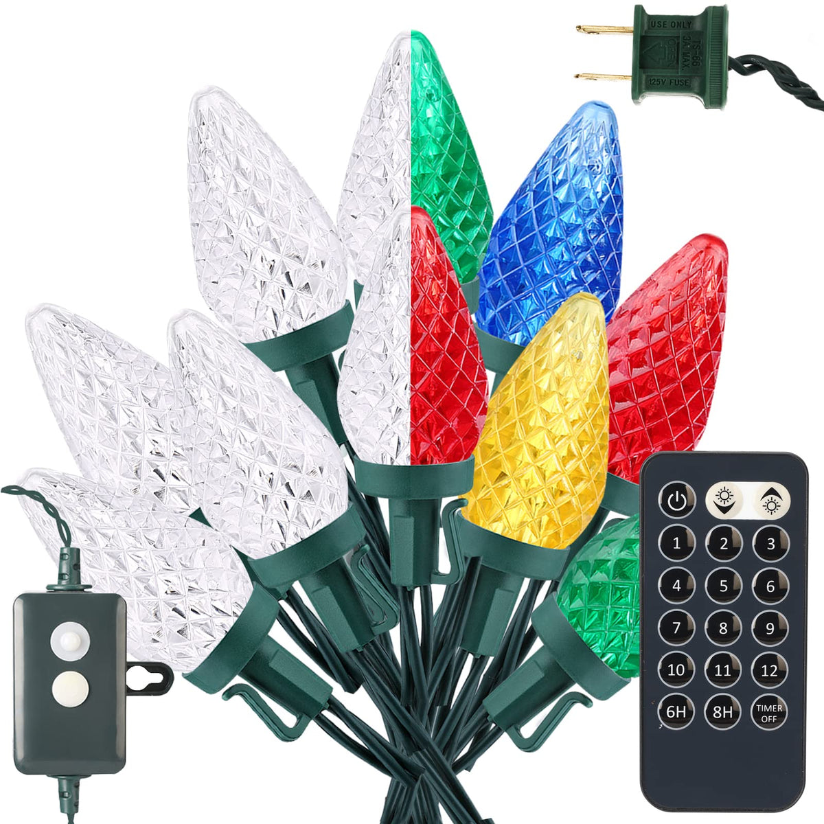 ODEETRONIC Cool White & Multicolor Christmas Lights, 33ft 50 LED C9 Color Changing Tree Lights, Connectable 12 Modes Outdoor Xmas Light with Remote, Dimmable Twinkle Light for Home Party Wedding
