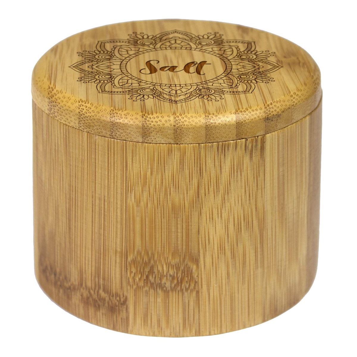 Totally Bamboo Salt Cellar Bamboo Storage Box with Magnetic Swivel Lid, 6 Ounce Capacity, Mandala Flower Engraved on Lid