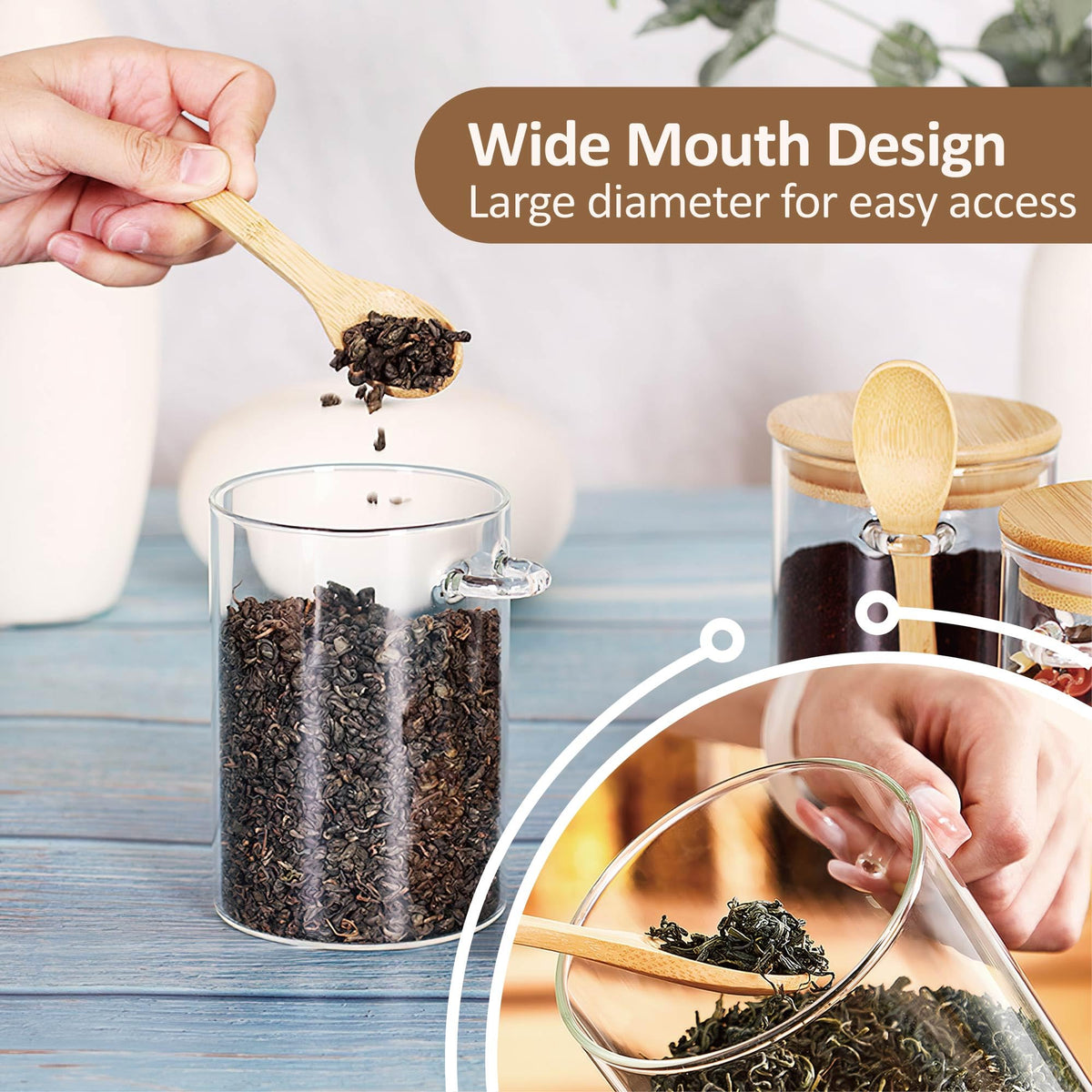MOLADRI 25 oz/750 ml Glass Storage Canister with with Airtight Lid, Cute Clear Decorative Container Jar with Wooden Spoon for Coffee Spice Candy Salt Cookie Condiment Sugar Matcha Tea Overnight Oats