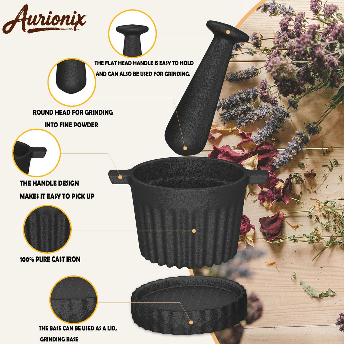 Aurionix Cast Iron Mortar and Pestle & Garlic Grater Plate Set, Guacamole Bowl and Masher with Bonus Brush/Spoon, Small Mortar and Pestle Set 3-in-1 Crushing Smasher for Kitchen Spices and Pesto