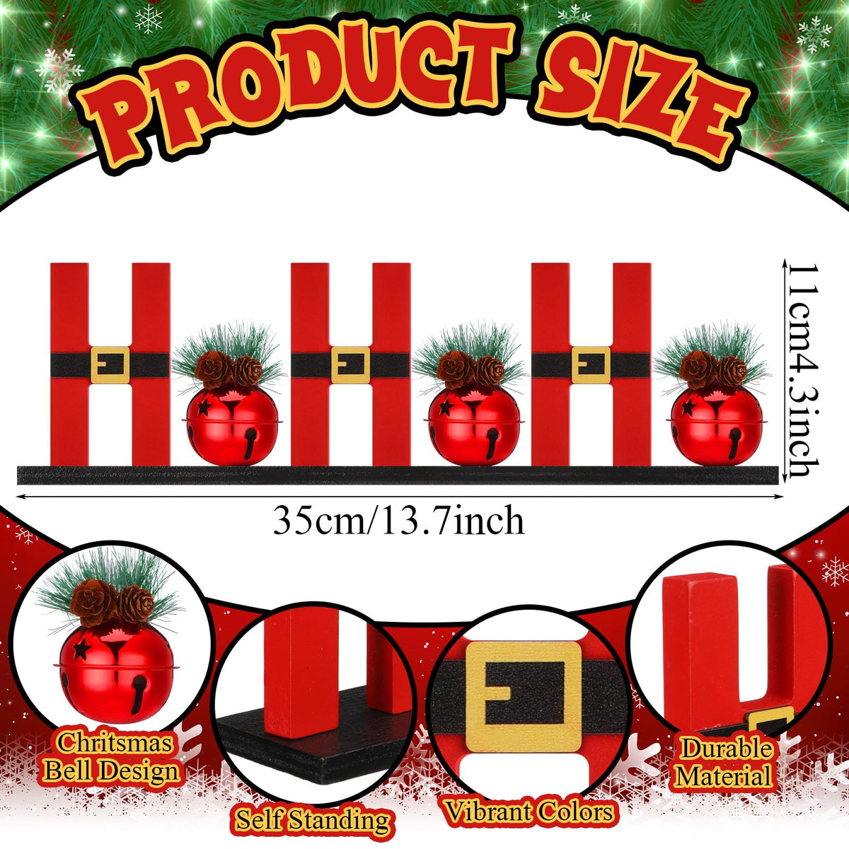 AceOrbit Christmas Table Decorations 13.7 Inches Hohoho Sign with Red Glitter Bells, 3D Christmas Letters Wood Freestanding Tabletop Centerpiece Santa Claus Design for Home Xmas Holiday Decor