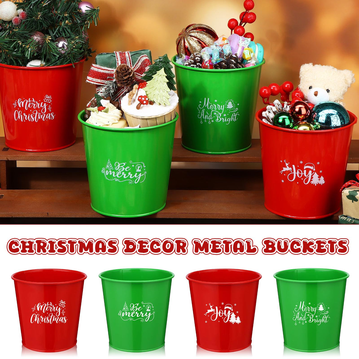 LIUBUJINGYING 20 Pcs Christmas Metal Buckets Christmas Galvanized Flower Planters Pots Red Green Farmhouse Metal Pail Rustic Decorative Gardening Containers for Party Home Xmas Outdoor Indoor Decor