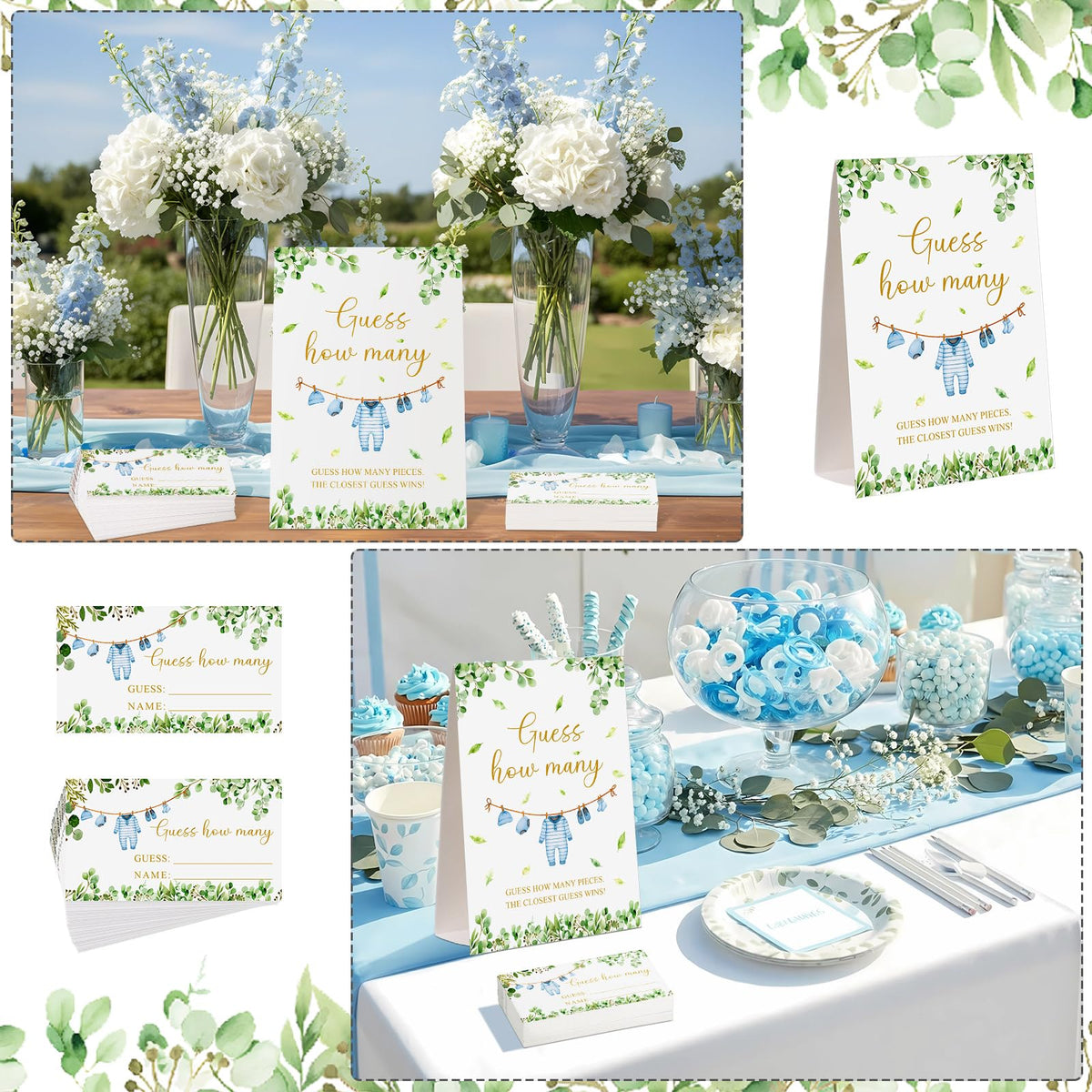 Lerheedi Blue Clothes Guess How Many Baby Shower Game Pack of 1 Tabletop Sign with Stand and 50 How Many Cards, Eucalyptus Gender Reveal Party Game Decorations