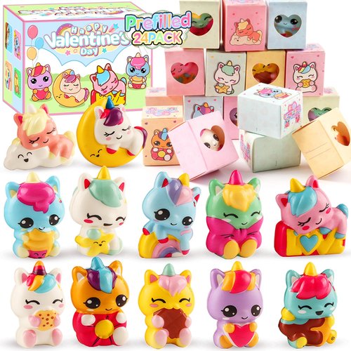Ksmky Valentines Gifts for Kids Classroom, 24 Pack Prefilled Valentines Box with Cute Squishy Toys, Valentines Party Favors, Class Valentines for Kids Boys Girls, Classroom School Valentines Gifts