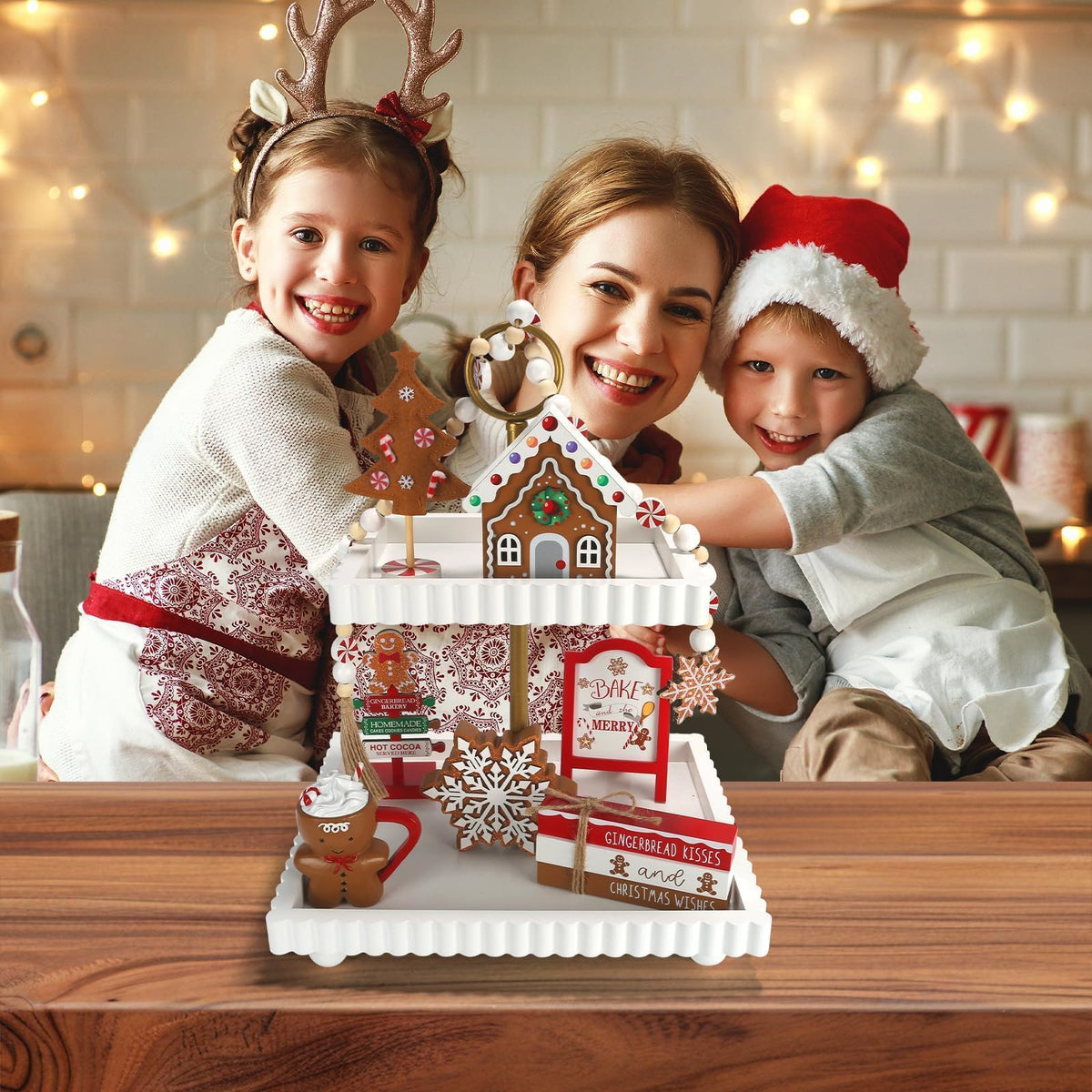 Gingerbread Christmas Decorations 8 PCS Tiered Tray Decor Set, Cute Tabletop Christmas Decor for Home Shelf Mantel Coffee Bar Office Xmas Table Centerpieces Tray Objects Holiday Baking