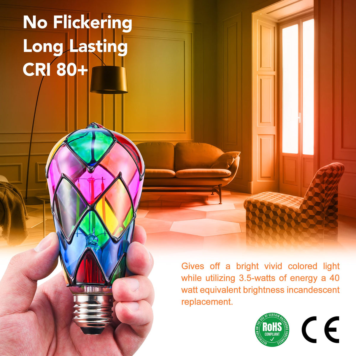 Kitmose 4 Pack Stained Glass Light Bulbs, LED Edison Light Bulb E26 3.5W Replacement Light Bulbs Tiffany Style for Bedroom Living Room Home Christmas Decoration