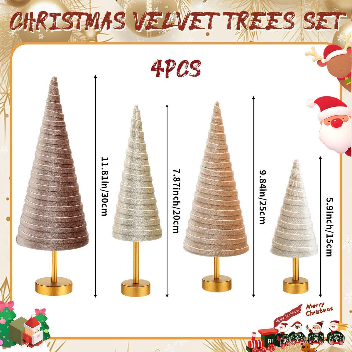 Hoolerry 4 Pcs Christmas Velvet Trees with Gold Pedestal Modern Rustic Christmas Velvet Cone Trees Minimalist for Mantel Table Centerpiece Entryway Home Winter Holiday Wedding Decor(Nude Tone)