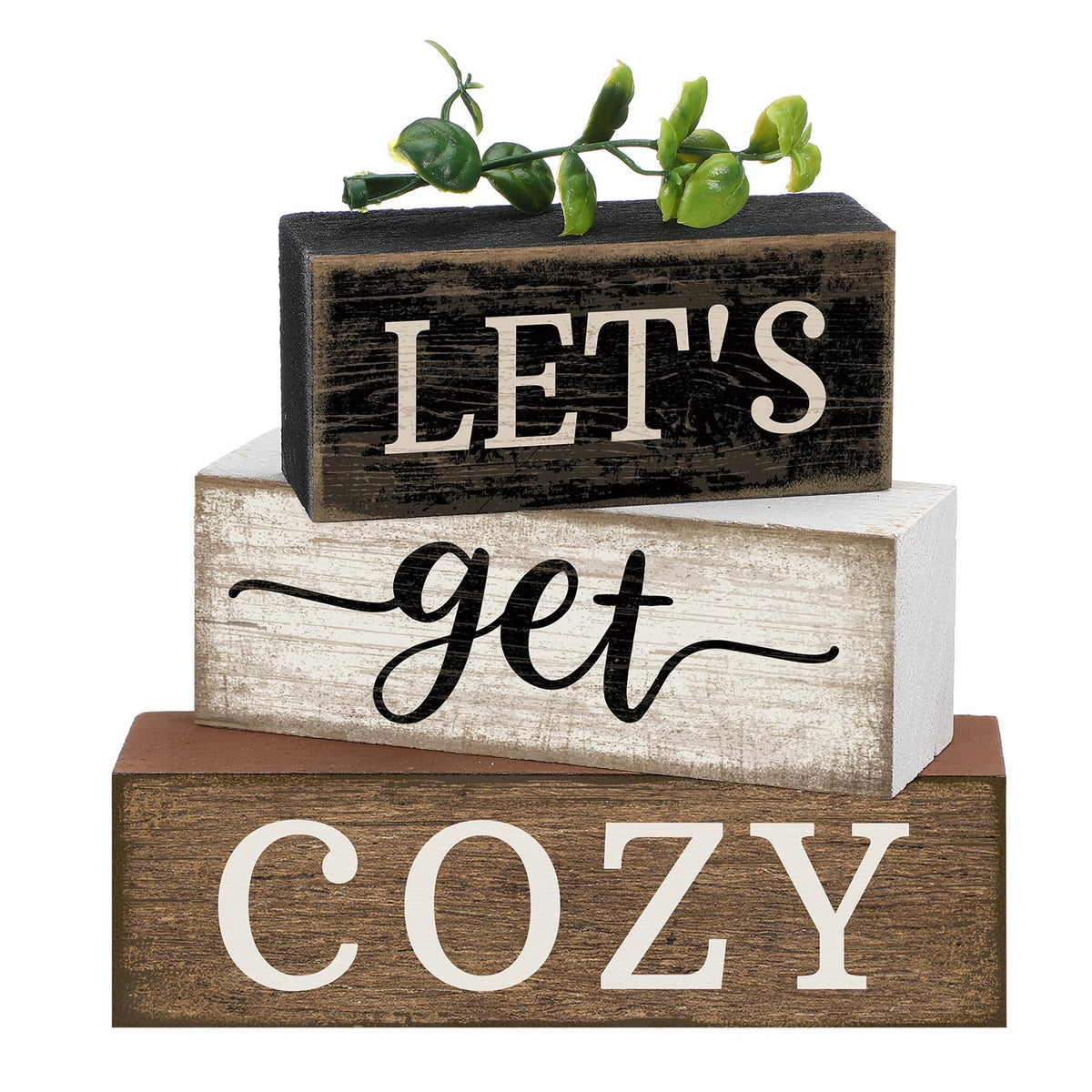 Moucuny 4 Pcs Farmhouse Table Decor Inspirational Wooden Signs Rustic Eucalyptus Leaves Wooden Block Sign Gift Let's Get Cozy Farmhouse Table Centerpiece for Living Room Housewarming Gift