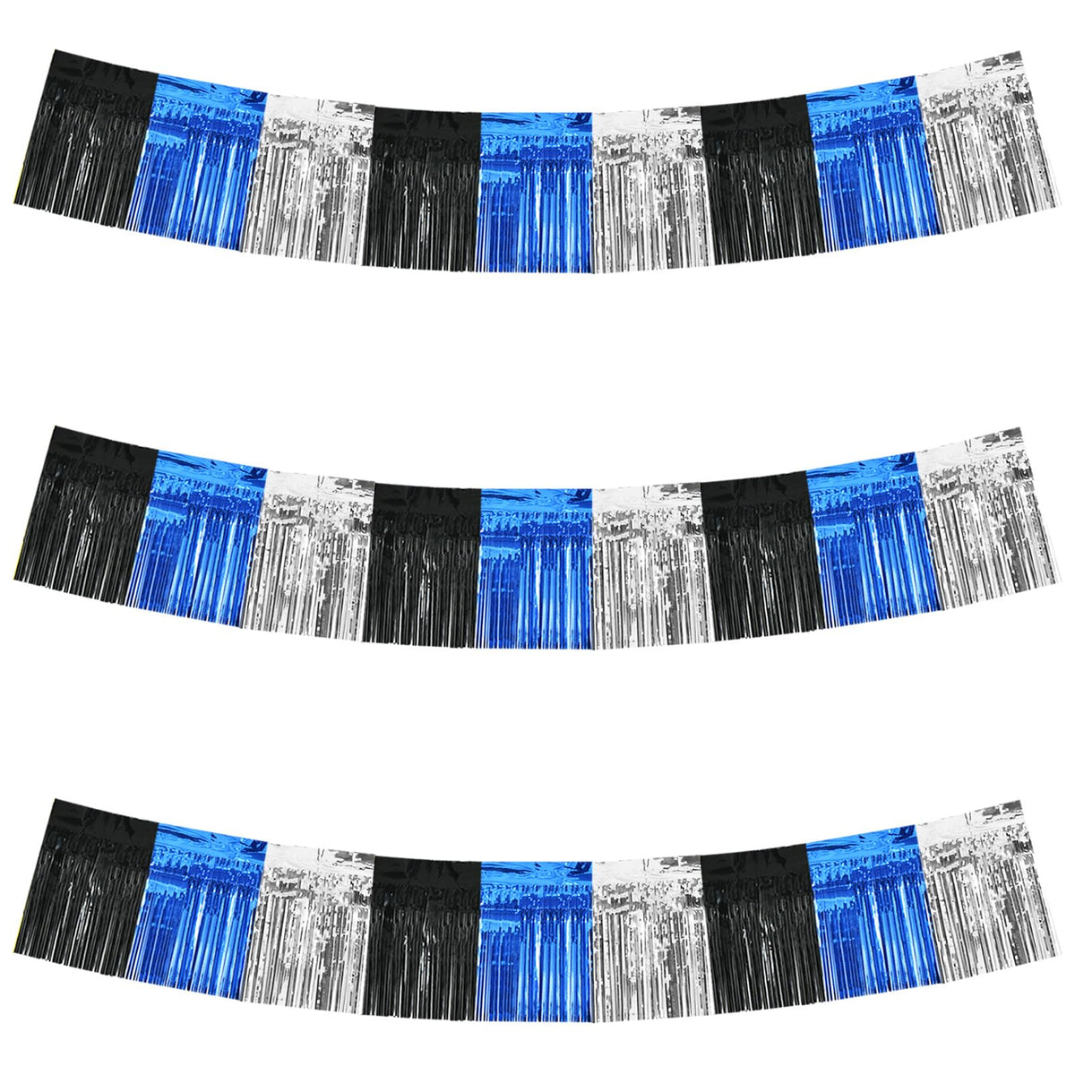 BEISHIDA 3 Packs Metallic Foil Fringe Garland Black Blue Silver Wall Hanging Tinsel Fringe Banners for Car Floats Bridal Shower Wedding Birthday Graduation Holiday Party Decoration(30 Feet)