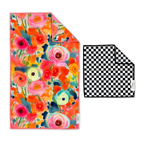 crae. Microfiber Hand Towel & Washcloth Set of 2 - Double-Sided, Waffle Weave, Super Absorbent, Lint-Free, Fast Drying - for Bathroom, Kitchen, Car, and Window Cleaning (Pia & Fonnie - Black/Pink)
