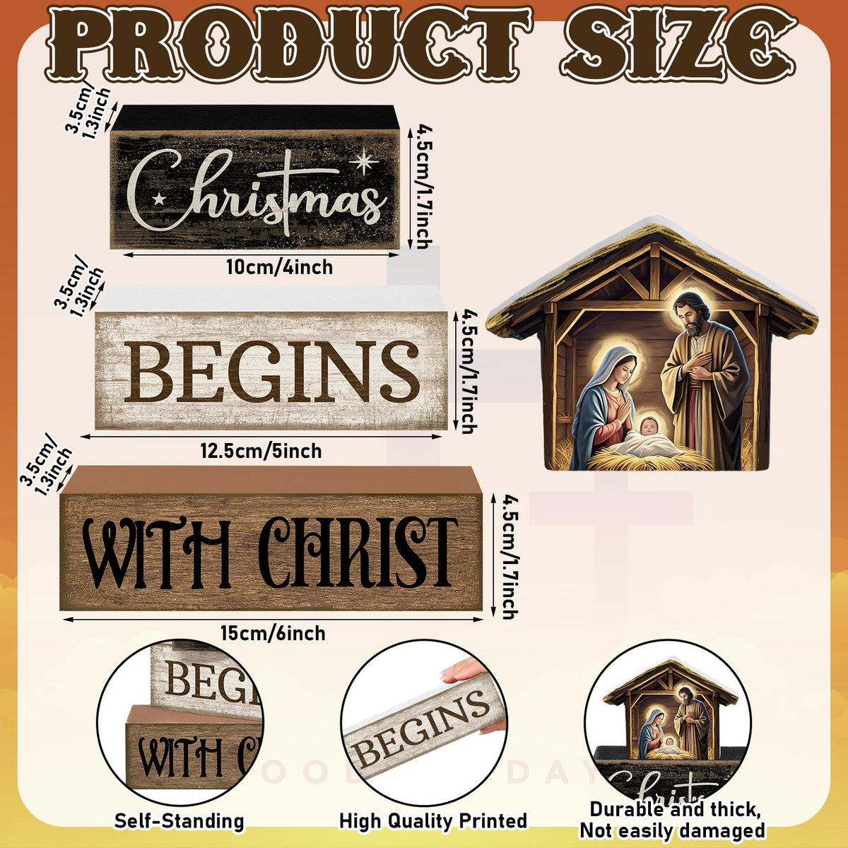 Moucuny 4 Pcs Christmas Table Decoration Christian Wooden Stacked Block Decor, Christmas Begins with Christ Signs with Nativity Scene Topper, Rustic Religious Xmas Tiered Tray Decor for Home Church