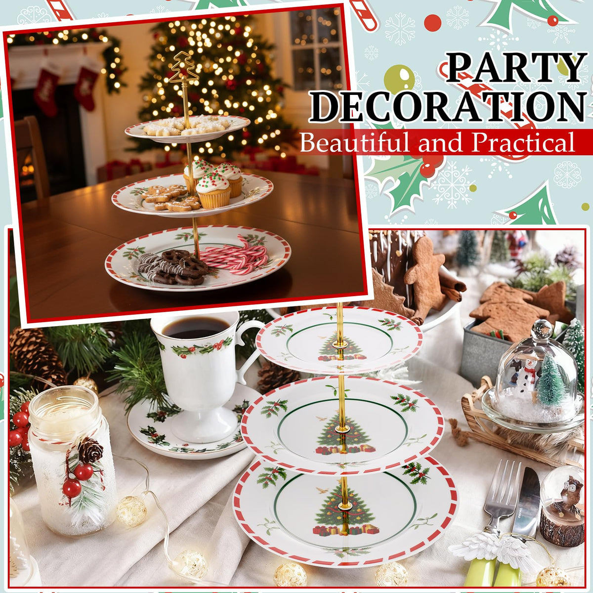 Lallisa 3 Tier Christmas Cake Stand 10", 9" and 7" Ceramic Xmas Tree Tiered Cupcake Display Holder Tower for Serving Food Cake Desserts Treats Holiday Party Decoration