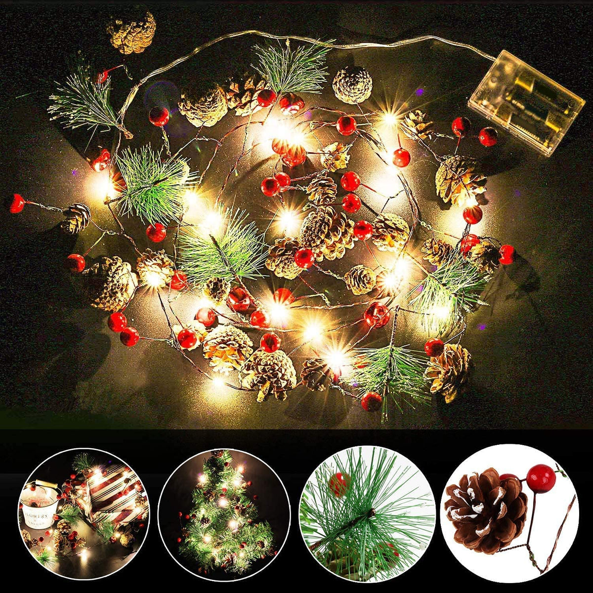 Hongyitime 7.8 FT PineCones String Lights, Christmas Pine Cone Light String, 20 LED Red Berry Pine Cone Garland Lights, led Garland String Lights, Christmas Decorations for Home