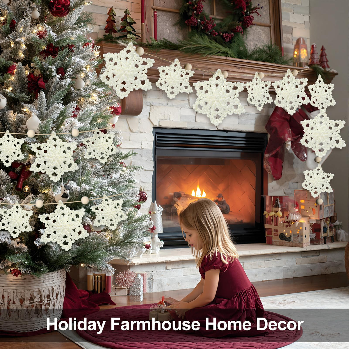 Tudomro Christmas Crochet Snowflake Garland 6.56ft Rustic Handmade Xmas Banner Snowflake Wooden Beads Farmhouse Hanging Decor for Mantel Fireplace Home Room Wall Window Door Gift
