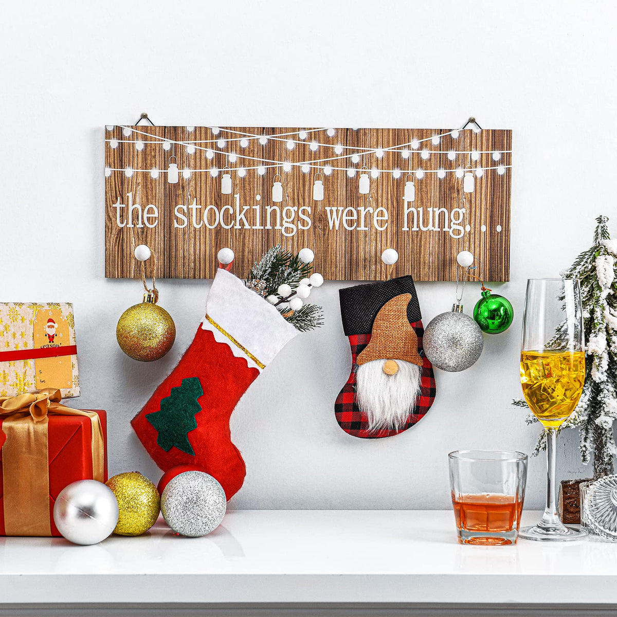 Blulu Christmas Stocking Holders with 5 Hooks Wood Christmas Stocking Hangers for Wall The Stockings were Hung Wooden Sign Xmas Wall Mount Hose Hooks Rack for Mantle Fireplace Decoration