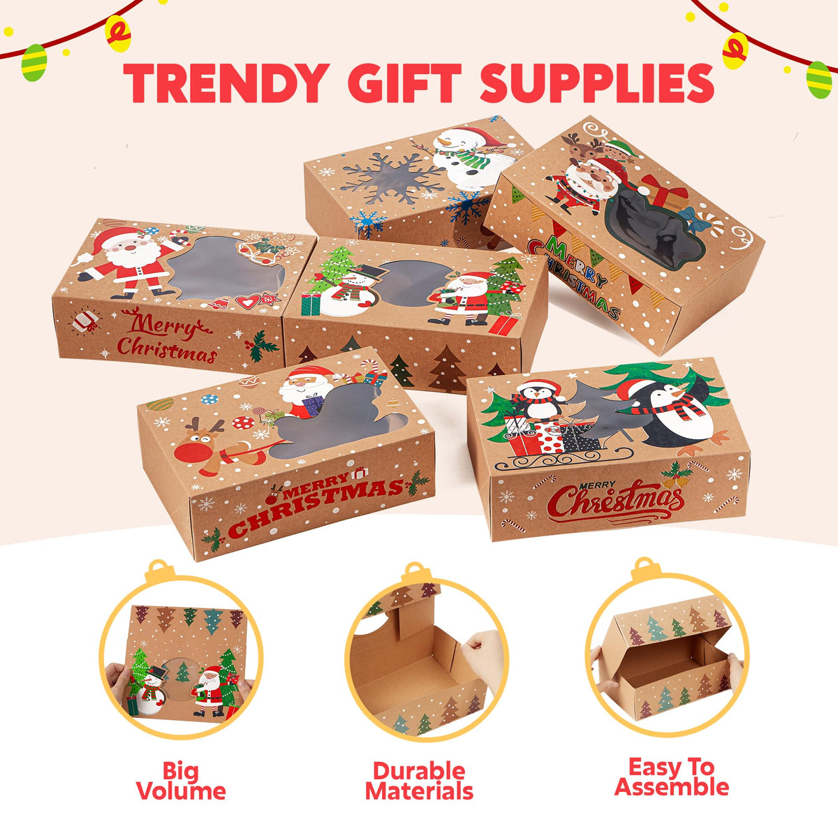 JOYIN 12PCS Christmas Cookie Boxes for Gift Giving, 8.75" x 5.75" x 2.75" Xmas Holiday Bakery Treat Boxes with Window, Kraft Cookie Tin Container Box for Baked Goods, Cupcake, Pastry, Candy, Doughnut