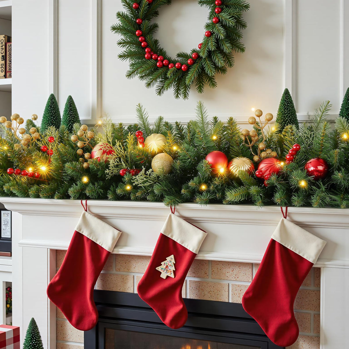 9FT Prelit Artificial Christma Garland with Dual Color LED Lights and Timer by Remote Control and Batteries Operated, Home Mantle Stairs Railing Fireplace Outdoor Indoor Wall