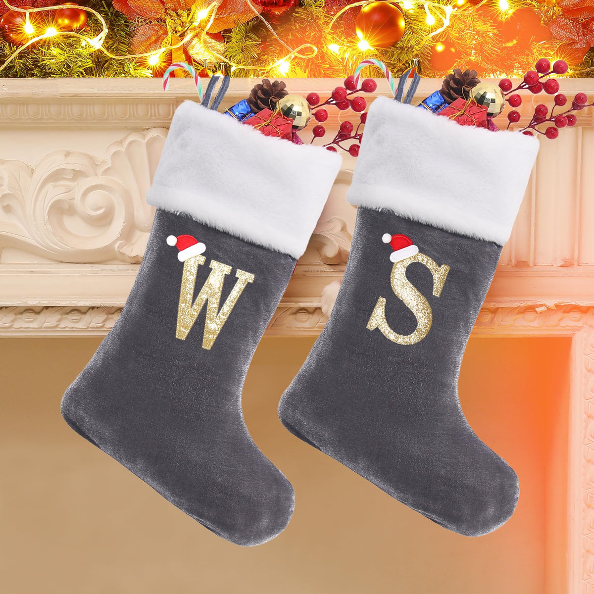 Sailup 20 Inches Monogram Christmas Stockings with Letters, Large Super Soft Christmas Stockings Grey Velvet with White Super Soft Plush Cuff for Christmas Xmas Tree Holiday Fireplace Grey