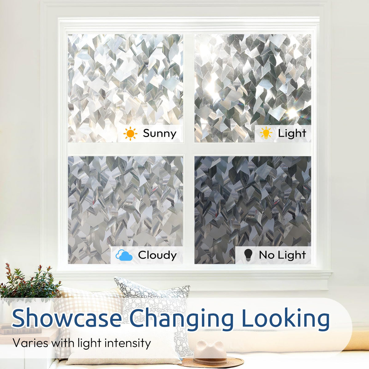 rabbitgoo Window Privacy Film, 3D Decorative Stained Glass Static Cling Door Covering Sun Blocking Removable Vinyl Sticker, Crystal Icicles 17.5 in X 13.1 Feet