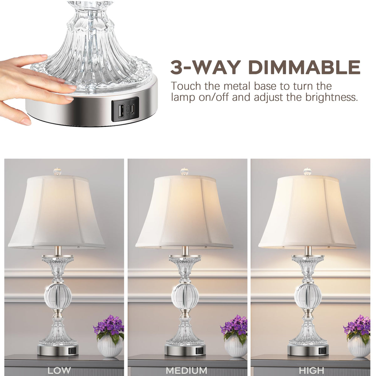 QiMH Glass Table Lamps for Living Room, Modern Table Lamp for Bedroom, Bedside Lamps Set of 2 with USB A+C Ports, 3-Way Dimmable Touch Lamp with Bulbs, Nightstand Lamp for Home Office Reading, Silver