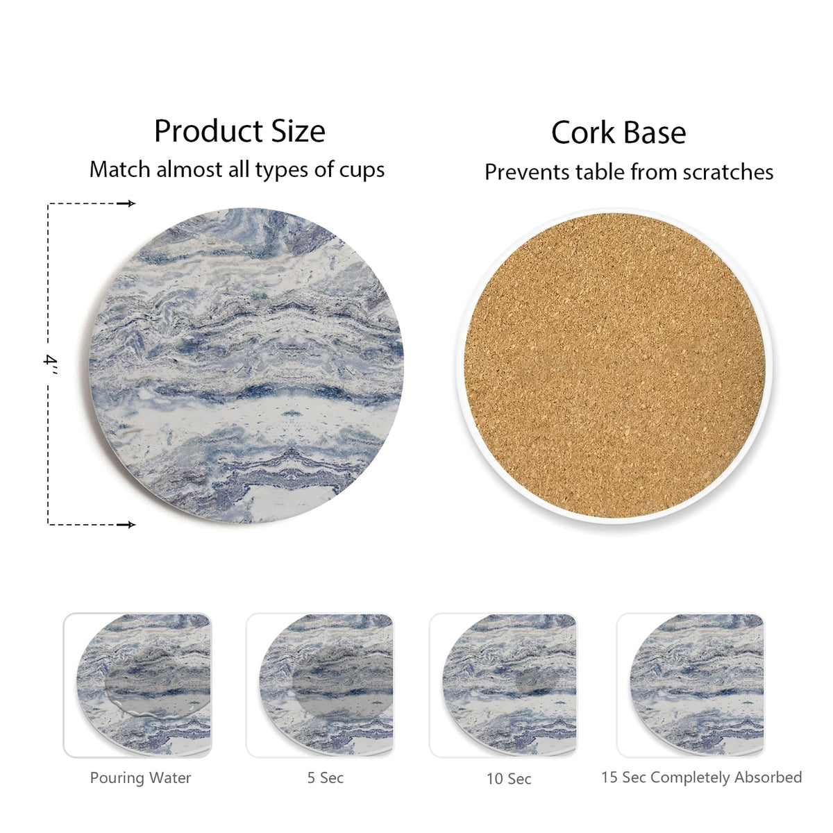 Hoomey Set of 6 Navy Abstract Onyx Marble Coasters with Holder, Absorbent Ceramic Coasters for Drinks, Coasters with Cork Backing for Table Protection, Coffee Table Decor