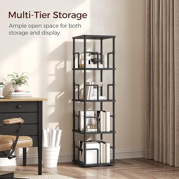 MAHANCRIS 4-Tier Rotating Bookshelf, Freestanding Corner Bookshelf, 360°