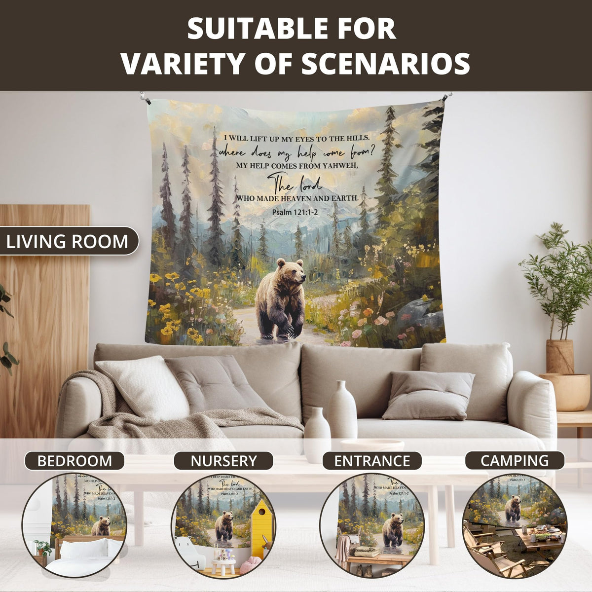 WAITPI Christian Woodland Mountain Hanging Wall Tapestry for Bedroom, Farmhouse Bear Forest Psalm 121:1-2 Bible Verse Scripture Wall Hanging Decor Tapestry for Home Living Room, 50x60in