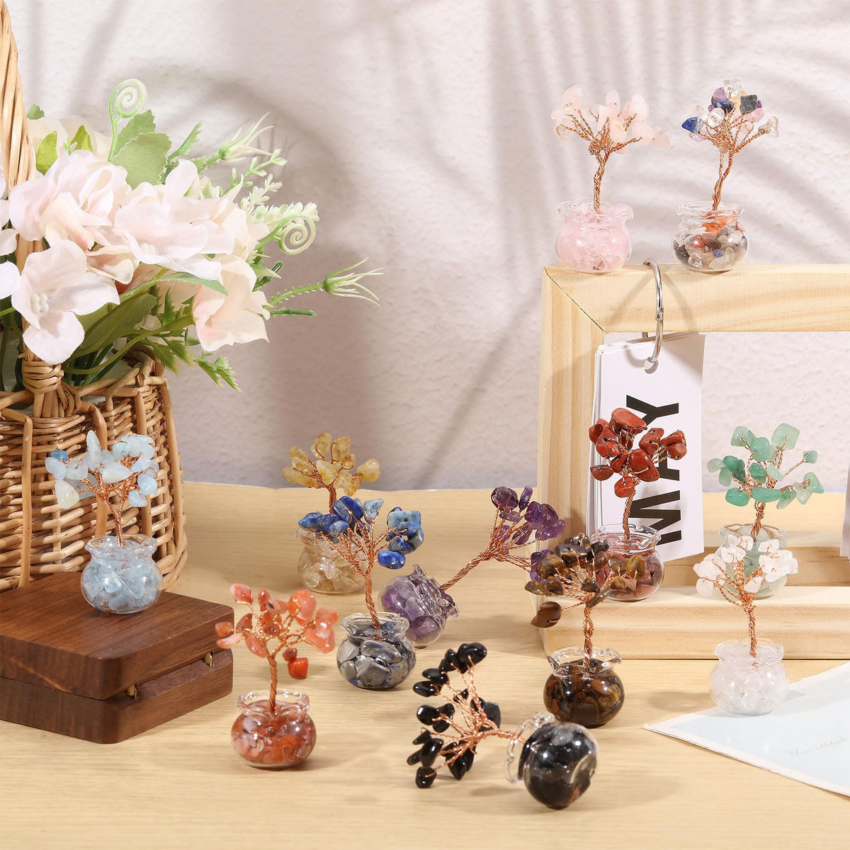 GLOBLELAND 12 Pcs Crystal Tree Set Tree of Life with Gemstones Crystals and Stones for Office Desk Home Shelf Decoration for Positive Good Luck Birthday Gifts for Mom Love Ones