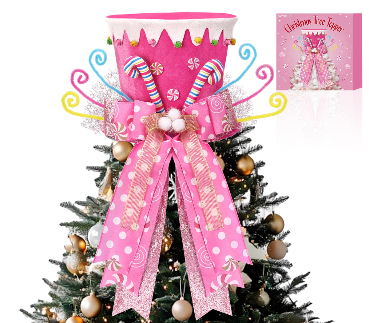 AWHETIE Candy Cane Christmas Tree Topper,Candy Cane Christmas Decorations,Velvet Pink Hat with Peppermint Bows Ribbon Ornaments,Top Hat Christmas Tree Topper for Holiday Xmas Decorations (Pink)