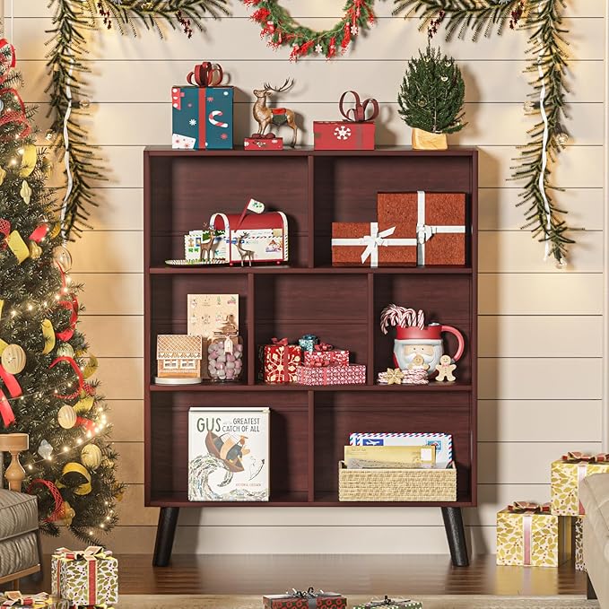 YAHARBO Walnut Bookshelf, 3 Tier Book Shelf