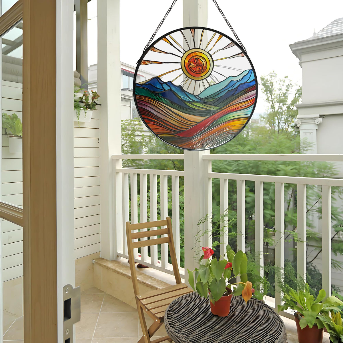 ZUSANG Sun Mountains Stained Glass Window Hanging, 9.8’’Sun Catcher Glass Panel Boho Wall Art Decor with Chain, Hand Painted Round Glass Gifts for Couples, Housewarming Gift