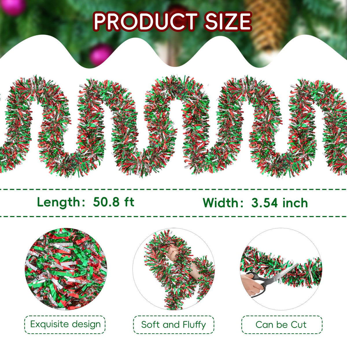 50.8 FT Christmas Tinsel Garland, Red Green Silver Metallic Twist Foil Tinsel Garland Glitter Xmas Hanging Decoration for Christmas Tree Wedding Birthday Home Party Decoration (Red Green Silver)
