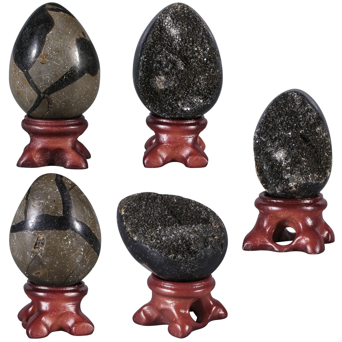 Sportmusies Natural Black Septarian Dragon Stone Geode Cluster Egg with Resin Stand, Decorative Crystal Cluster Egg Figurine for Home Reiki Healing Meditation, 1.57-2.28 inches