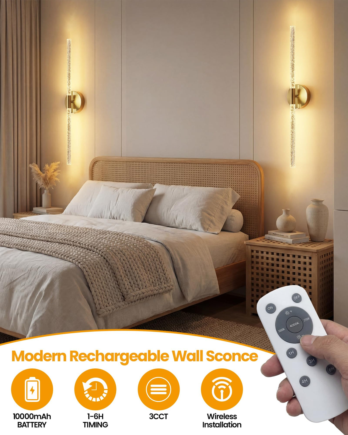 NIORSUN Crystal-Inspired Bubble Battery Operated Wall Sconce Set of 2, 10000mAh 3 Color Temps Rechargeable Wall Lights with Remote, Dimmable Wireless Wall Lamp for Living Room Bedroom
