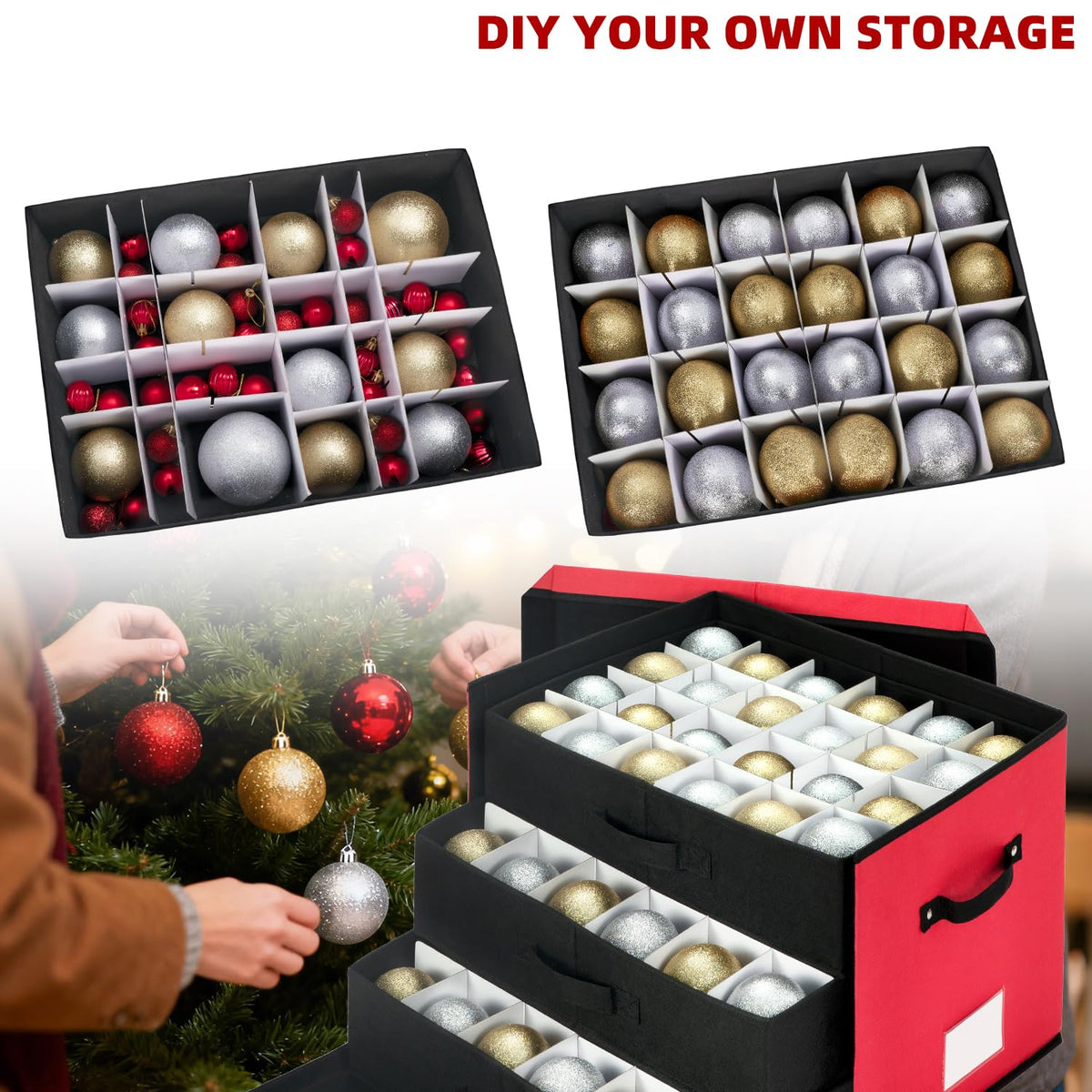 JY COOKMENT Christmas Ornament Storage Box with Adjustable Dividers, Large Holiday Ornaments Storage Container Bin with Lid for Xmas Decorations (72-3" Balls, Red, With Removable Tray)