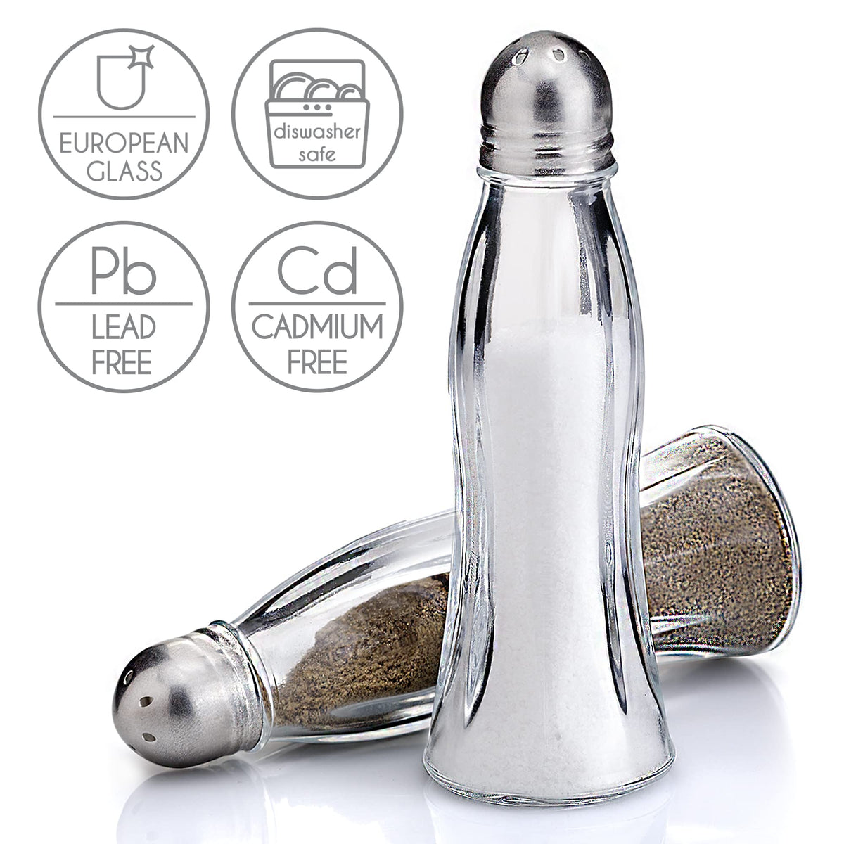 Salt and Pepper Shakers Glass Set, Clear Curved Design, Classic Restaurant Style, Glass Body with Stainless Steel Lids, 4.7 in